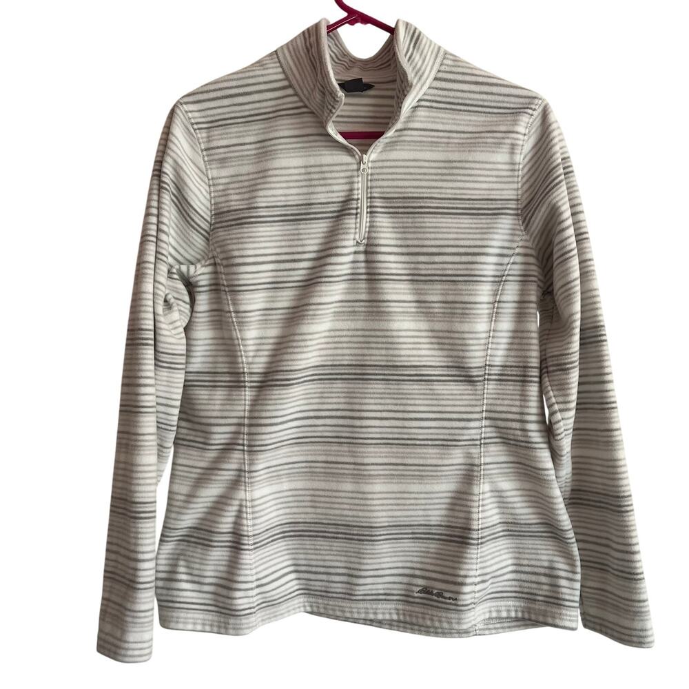 Eddie Bauer Women's Fleece Half Zip Jacket Size L Gray White Striped Cabinwear